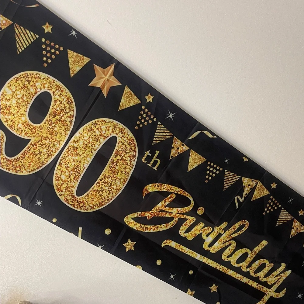 90th Birthday Banner Cloth Gold and Black EUC